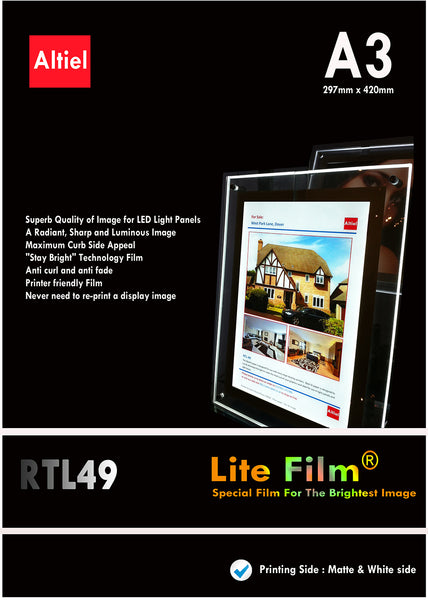 RTL49 - A3 x 50 vellen Back Lite Film voor alle inkjet- en laserprinters of laserkopieerapparaten. Backlit papiervel voor LED Pocket Displays of LED Lightboxes. Backlit Film voor LED Window Displays